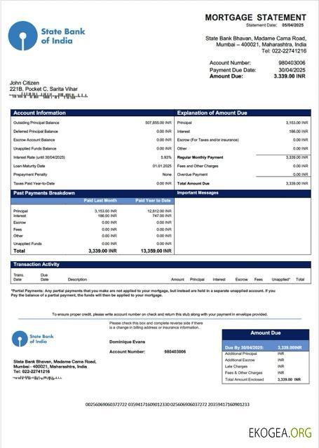 Modèle Word et PDF de relevé hypothécaire de la Banque d'État de l'Inde de l'Inde